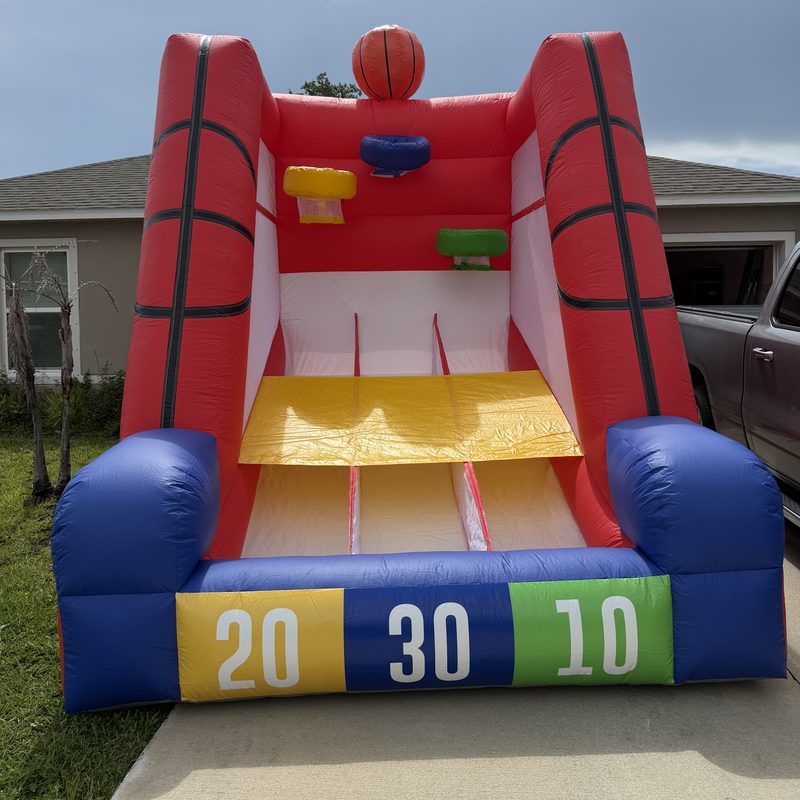 Inflatable basketball toss game with three colorful hoops