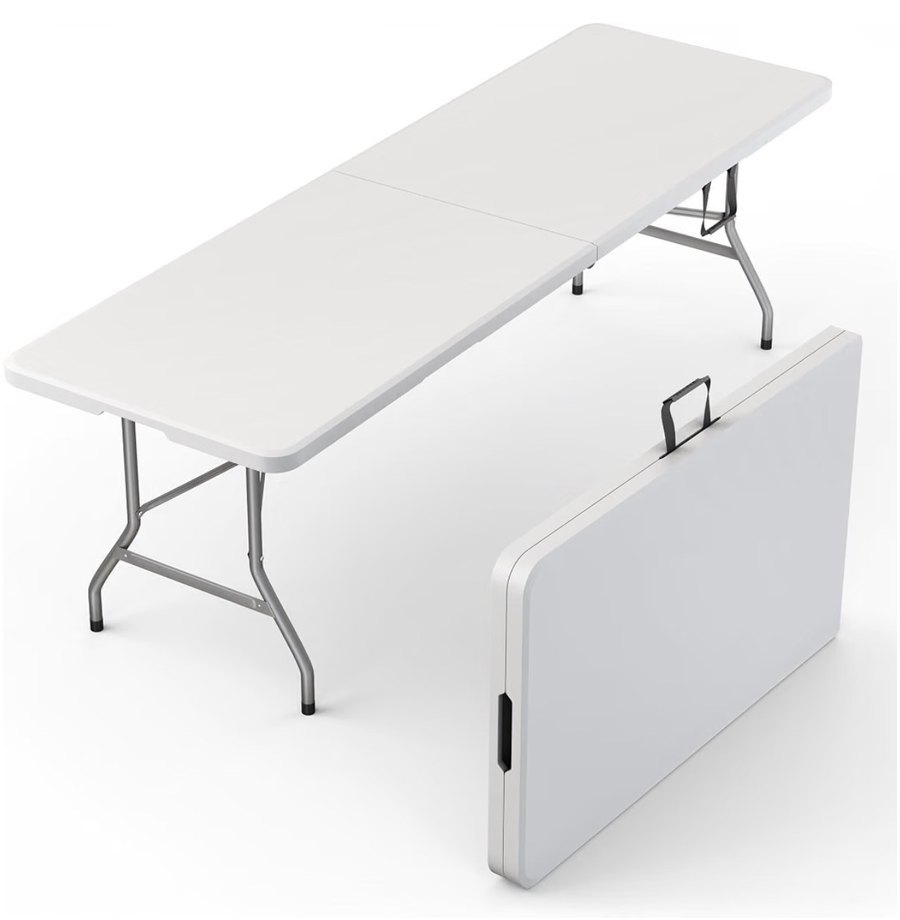 White 8 foot folding table, open and folded in half