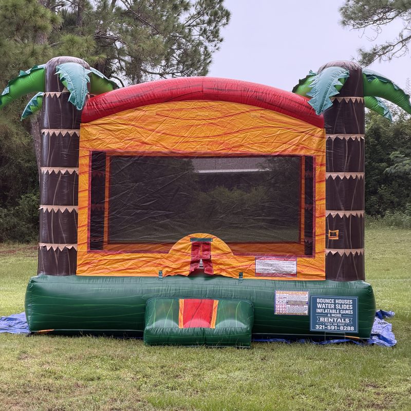 Tropical palm tree bounce house in orange, red and green
